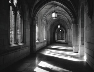 Obraz premium Gothic hallway, sunlight streams