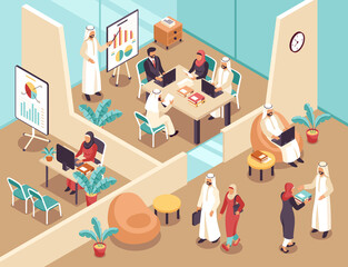 Isometric Business and Teamwork in an Arab Context Illustration
