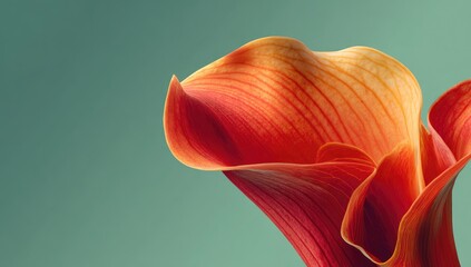 Close-up of vibrant orange-red Calla Lily petal detail against a teal backdrop
