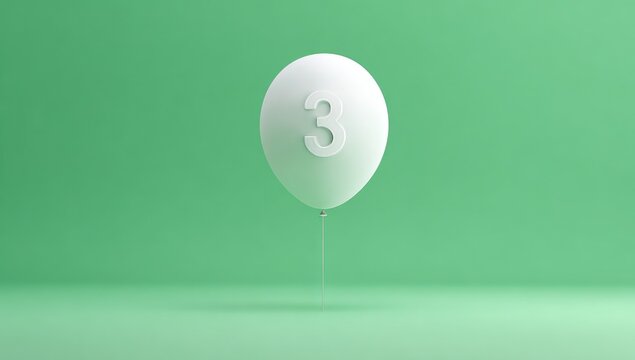 A single white balloon, shaped like a sphere, floats against a lime-green backdrop.  A simple, embossed numeral "3" is centered on the balloon's surface.  