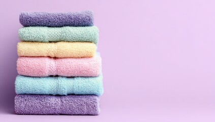 Stack of colorful towels on a purple background