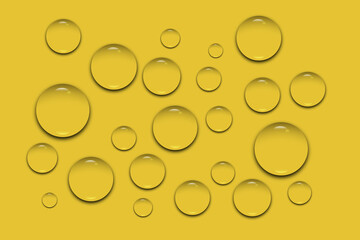 Realistic Water Droplet on solid background, Water or beer condensation droplets on yellow glass background. Rain drops on window.
