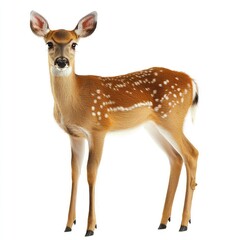 Naklejka premium A young deer, light brown with white spots, stands facing forward against a white background
