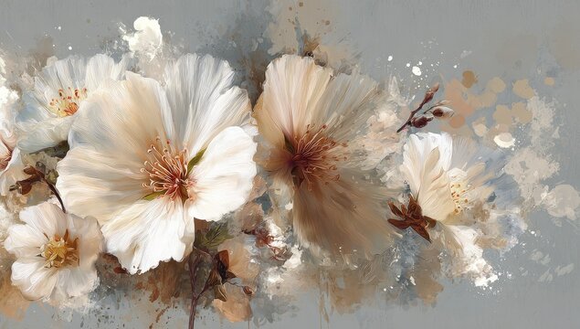 Soft, creamy flowers in a painterly style on a gray background