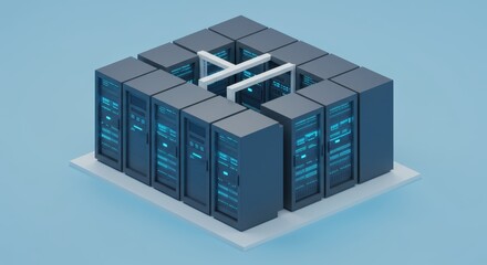 Isometric representation of a server farm illustrating data storage and network infrastructure