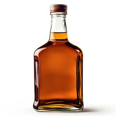 Clear glass bottle, amber liquid, brown cap