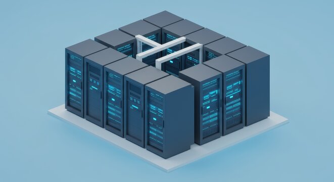 Isometric representation of a server farm illustrating data storage and network infrastructure - Powered by Adobe