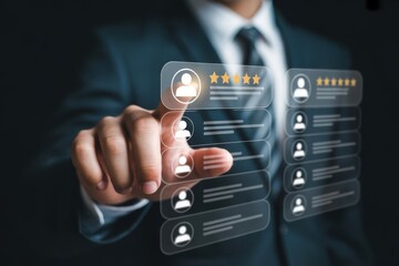 Businessman interacting with online customer feedback and review system showcasing ratings and profiles for business growth success and client satisfaction