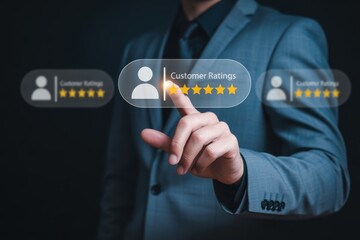 Businessman Tapping Customer Ratings Interface for Feedback and Review Assessment Highlighting Star Ratings and User Satisfaction with Digital Technology