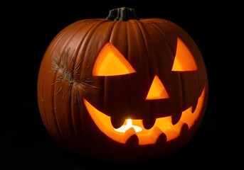 Fototapeta premium A classic carved jack-o'-lantern glowing brightly in the dark for Halloween