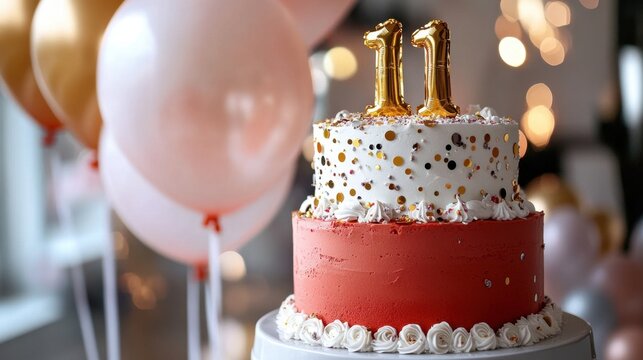Celebratory 11th birthday cake with balloons and festive decor