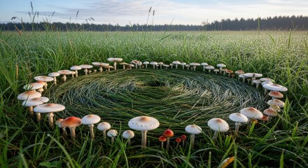 Photo of a magical circle of mushrooms arranged in a perfect ring on a dewy green meadow at sunrise, creating an enchanting natural pattern with a mysterious fairy ring effect