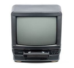 Vintage TV VHS combo unit with cassette sticking out. Classic retro electronics from 1990s, old cathode ray tube television with integrated videotape recorder, isolated on transparent PNG