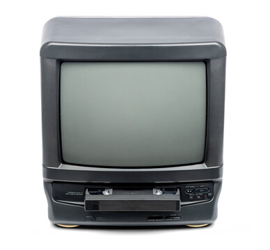 Vintage TV VHS combo unit with cassette sticking out. Classic retro electronics from 1990s, old cathode ray tube television with integrated videotape recorder, isolated on transparent PNG