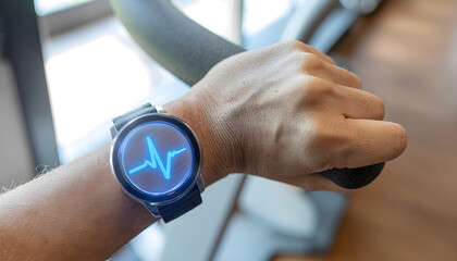 Man Checking Heart Rate on Smartwatch While Running on Home Treadmill