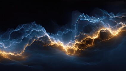 Abstract energy flows, swirling patterns of electric blue and gold light against a dark background