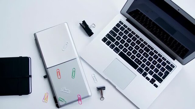 A flatlay of office supplies on a white surface.  A laptop, notepad, and various colored paper clips are visible