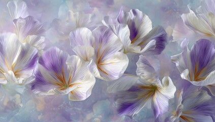 Fototapeta premium Delicate, pastel-toned flowers in soft focus, with swirling, light-blue and lavender backgrounds