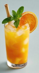 Fototapeta premium A vibrant orange drink in a glass, garnished with orange slice and mint