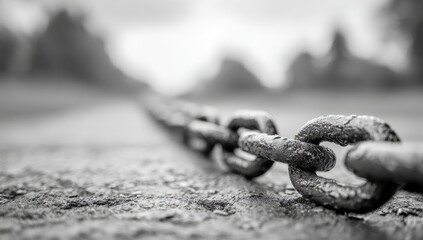 Close-up black and white chain on a weathered surface, with a blurred background