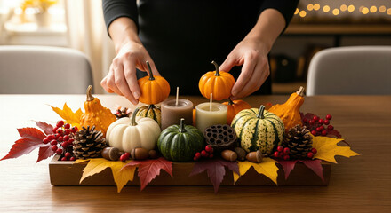 Hands arranging a festive autumn centerpiece with pumpkins, candles, and colorful fall leaves