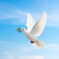 Fototapeta premium A background featuring a white dove carrying an olive branch against a blue sky with white gradients. A classic symbol of peace, perfect for the International Day of Peace theme.