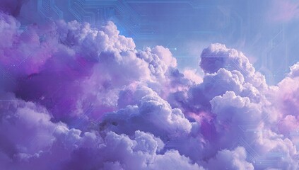 Vast,  purple-tinged clouds, overlaid with  digital circuit patterns
