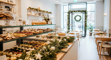 Modern cafe interior decorated for Christmas, showcasing a wide variety of holiday cakes and pastries