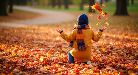 Adorable little child playing with colorful autumn leaves in a park during a sunny fall day