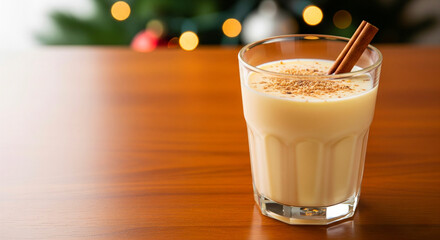 Traditional homemade eggnog with a cinnamon stick and nutmeg, perfect for Christmas holidays