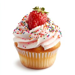 Single cupcake topped with pink frosting, sprinkles, and a strawberry