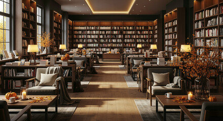 A cozy, elegant library room decorated for autumn with pumpkins and warm lighting