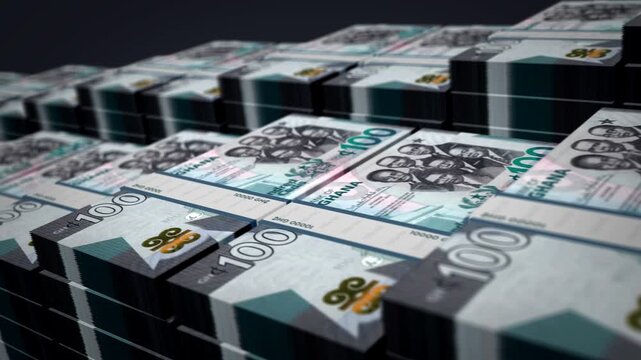 Ghana Cedi Ghanaian money banknote bundle growth up loop. 100 GHC stacks. Concept of cash pack, banking, travel, business, economy and finance 3d loopable seamless. - Powered by Adobe