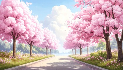 Naklejka premium Beautiful fantasy landscape illustration of a dreamy park with vibrant cotton candy colored trees, blooming flowers, and a bright blue sky. Perfect for backgrounds. Detailed high quality image. 