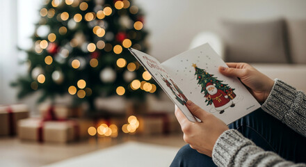 A person reading a Christmas card with a festive tree in the blurred background