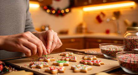 A person decorating festive gingerbread cookies with sprinkles and icing in a cozy kitchen