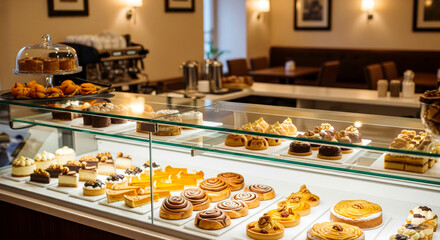 A tempting display of various cakes, pastries, and tarts in a modern bakery showcase