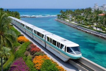 Naklejka premium Monorail train moving along tropical coastline in paradise island, bahamas