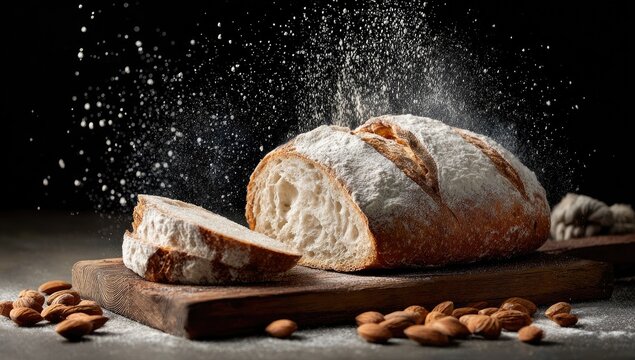 Freshly baked artisan bread sliced on a wooden board, flour dusting, and almonds