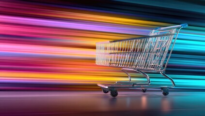 Empty shopping cart against a vibrant, multicolored, streaked backdrop
