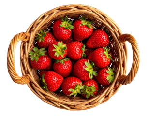  Panier Rustique Rempli de Fraises Fraîches, Vue du Dessus, isolé sur fond transparent png