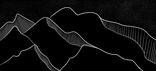 Minimalist black and white mountain line art-abstract landscape illustration with hand -drawn contours, Monochrome terrain design, geometric topographic style 