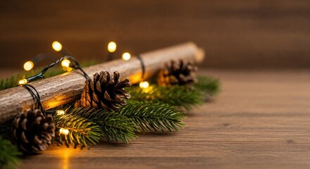 Festive christmas decor with pine cones and string lights on wooden log