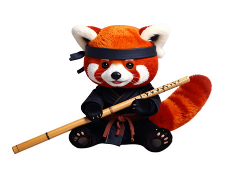Chibi Red Panda Ninja Sitting Cross-Legged with Bo Staff, Top-Down View, isolated on transparent background png