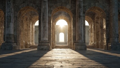 Fototapeta premium Sunlit, ancient stone arches create a vast interior space