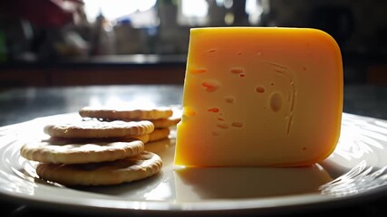 Square chunk of cheese with holes alongside stacked crackers on a white plate - Powered by Adobe