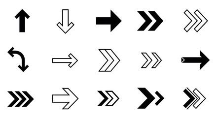 Arrow collection with diverse styles and directions on a white background, pointing up, down, left, and right