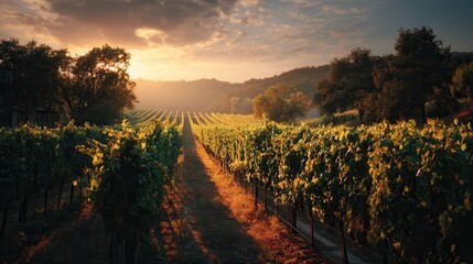 Fototapeta premium Golden sunlight filters through vineyard rows at dusk, highlighting ripe grapes ready for harvest