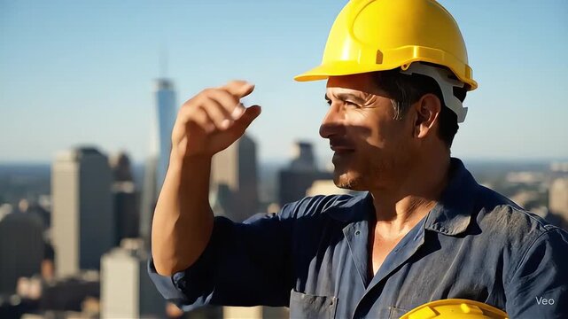 A construction worker removes their hard hat and wipes sweat from their brow while looking at a city skyline they helped build, patriotic and emotional atmosphere, shallow depth of field.