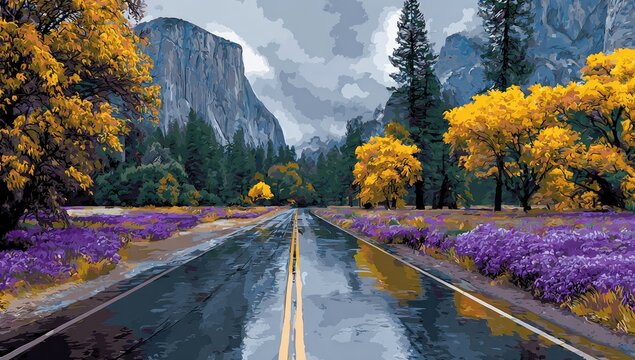 A wet road winds through a valley. Autumn colors - Powered by Adobe